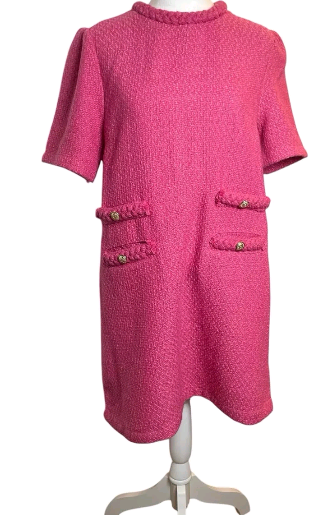VOY Pink Tweed Dress Double Pocket Braid Neck large