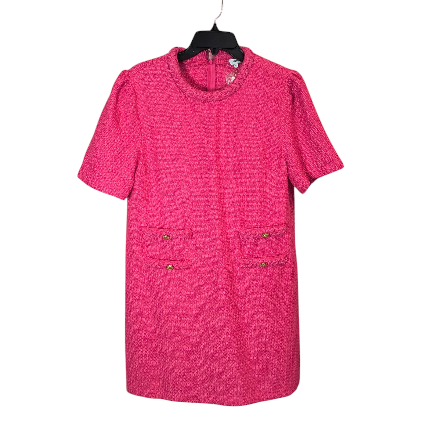 VOY Pink Tweed Dress Double Pocket Braid Neck large
